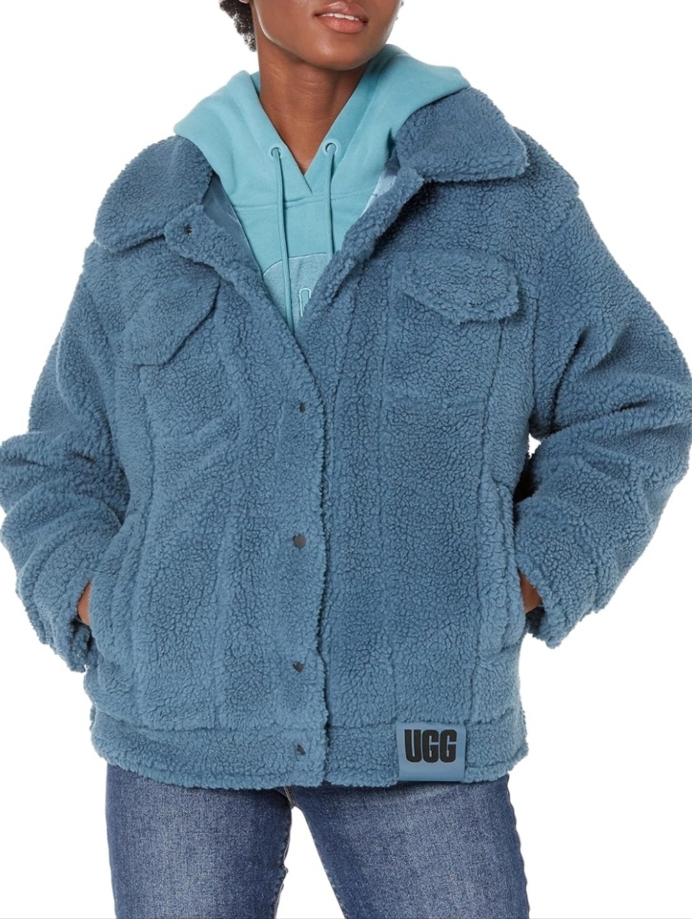 UGG Women's Teal Blue Frankie Sherpa Cozy Trucker Fleece Jacket Size S